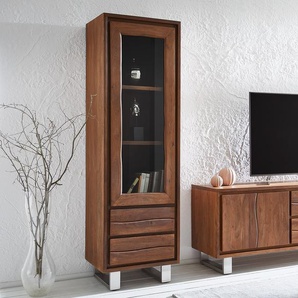 Vitrine Live-Edge 60x190 cm Akazie Braun gerade Kante 1 Tür 2 Schubladen Massiv, Vitrinen, Baumkantenmöbel, Massivholzmöbel, Massivholz