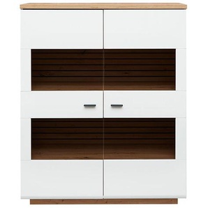 Highboard mit Beleuchtung 110cm breit, weiß mit Eiche, FALLON-55 - weiß