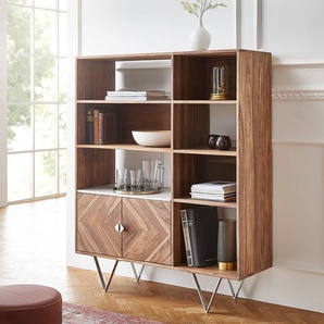 Highboard Pacino 115 cm Sheesham Natur Steinplatte Weiß Marmor, Highboards
