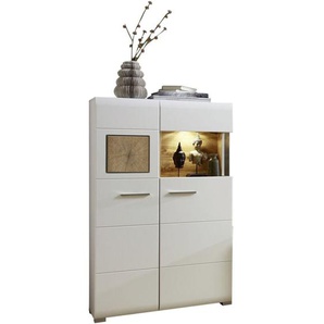 Highboard Vitrine weiß FARO-36 mit Absetzungen in Eiche Hirnholz Nb. und led Beleuchtung, b/h/t: ca. 80/139/37 cm