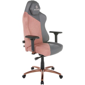 Hivar Gamingstuhl, Grau, Rosa, Hellrosa, Metall, Textil, Drehkreuz, 79x142x77 cm, Stoffauswahl, Typenauswahl, Wippmechanik mit Härtegradeinstellung, Sitzfläche 360° drehbar, inklusive Armlehnen, Nackenkissen abnehmbar, ergonomische Rückenlehne, Kinder &
