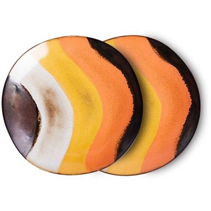 HK living 70s Ceramic Side Plate Retro wave Teller 2er Set - orange, yellow, white brown - 2er-Set: Ø 22 cm - 22x22x2 cm
