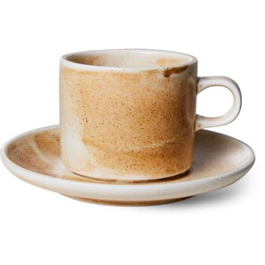 HK living home chef ceramics Tassen mit Untersetzer - 4er-Set - rustic cream/brown - 4er-Set: 220 ml - Ø 7,8 cm