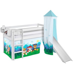 Hochbett Paw Patrol I 90 x 200cm Weiß/Hellblau mit Rutsche & Turm