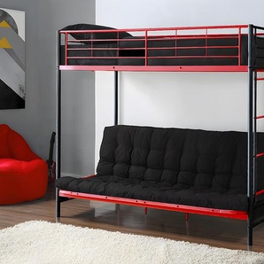 Hochbett mit Schlafsofa mit Matratze + Futonmatratze - 90 x 190 cm - Metall - Rot & Schwarz - MODULO V