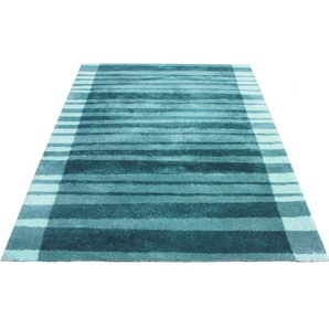 Hochflor-Teppich BRUNO BANANI Cameo-Bordüre Teppiche Gr. B/L: 160 cm x 230 cm, 27 mm, 1 St., blau Esszimmerteppiche gestreiftes Muster mit Bordüre, angenehme Haptik, Streifen
