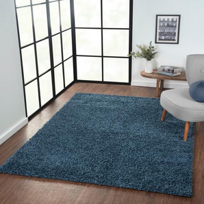 Hochflor-Teppich MYFLAIR MÖBEL & ACCESSOIRES My Shaggy Teppiche Gr. B/L: 160 cm x 230 cm, 37 mm, 1 St., blau (dunkelblau) Esszimmerteppiche Shaggy, Uni-Farben, leicht glänzend, Microfaser, extra flauschig