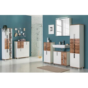 Hochschrank I 40 x 164 x 32cm Weiß/Eiche Landhaus Dekor