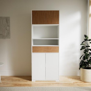 Hochschrank Weiß - Moderner Schrank: Schubladen in Eiche & Türen in Eiche - Hochwertige Materialien - 77 x 196 x 47 cm, konfigurierbar