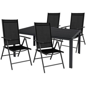Hochwertige Gartengarnitur 5-teilig Gartentisch 180x90cm Anthrazit Aluminium / NON WOOD Schwarz + 4 Klappstühle Aluminium / Textilen Anthrazit / Anthrazit