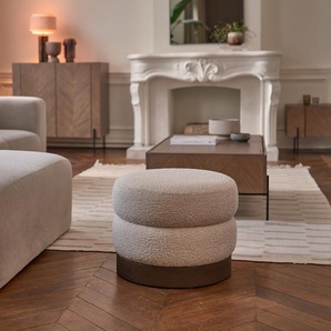 Hocker aus massivem Mindi und weißem Bouclé-Stoff Ø55 cm