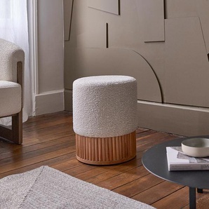Hocker aus massivem Teakholz und weißem Bouclé-Stoff Ø38 cm