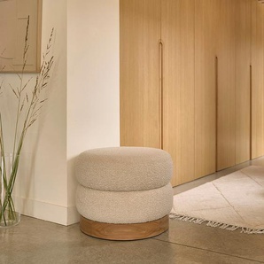 Hocker aus massivem Teakholz und weißem Bouclé-Stoff Ø55 cm