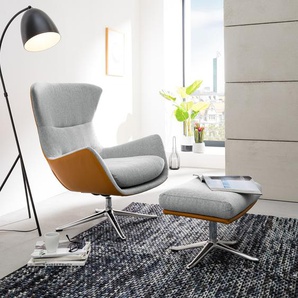 Hocker mit Kreuzfuß 54 x 41 x 41cm Braun/Grau Chrom glänzend Webstoff Saia / Echtleder Neka: Hellgrau / Cognac