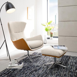 Hocker mit Kreuzfuß 54 x 41 x 41cm Braun/Beige Chrom glänzend Webstoff Saia / Echtleder Neka: Beige / Cognac