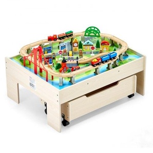 Holz Aktivitätstisch, 100-teilig, Eisenbahntisch mit rollender Schublade, 3-in-1-Holzeisenbahn-Set zum Spielen, Malen, Lesen, Essen, kreatives Spielzeug-Set für Kinder ab 3 Jahren CGKHCZ312513ALK2I001V0