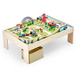 Holz Aktivitätstisch, 120-teilig, mit zusammenklappbarem Aufbewahrungsbehälter, 3-in-1-Eisenbahn-Set zum Spielen, Malen, Lesen, Essen, kreatives Spielzeug-Set für Kinder ab 3 Jahren CGKHCZ474335QXA53001V0