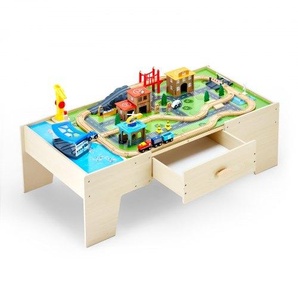 Holz Aktivitätstisch, 62-teilig, Kindertisch mit großer Schublade, 3-in-1-Eisenbahnset zum Spielen, Malen, Lesen, Essen, kreatives Spielzeugset für Kinder ab 3 Jahren CGKHCZ502515LHZ8Q001V0