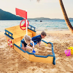 Holz-Sandkasten in Piratenschiff-Optik mit Sitzbank und Flagge Holz-Piratenschiff Kinder-Sandkasten 154 x 78 x 100 cm
