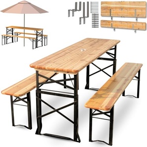holz4home® Bierzeltgarnitur 3-teilig aus Holz I 167 x 50 x 75 cm Tisch höhenverstellbar + 2 Bänke I Festzeltgarnitur Klappbar mit Wandhalterung H4H389