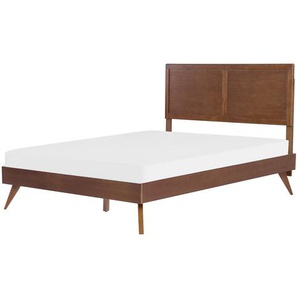 Holzbett Dunkelbraun Gummibaumholz mit Lattenrost 160 x 200 cm Kopfteil Holzbeine Retro Klassich Schlafzimmer Doppelbett