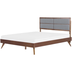 Holzbett Dunkelbraun / Grau Gummibaumholz mit Lattenrost 160 x 200 cm Kopfteil mit Grauer Polsterung Klassisch Schlafzimmer Doppelbett