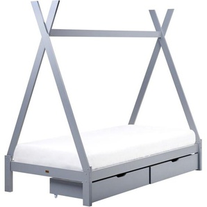 Holzbett Grau Kiefernholz Zeltform mit Schubladen Bettkasten Lattenrost 90 x 200 cm Modernes Design Tipi Kinderbett Zeltbett für Kinderzimmer