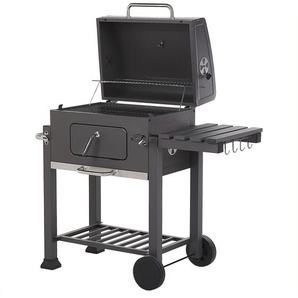 Holzkohlegrill Grau Edelstahl rechteckig mit Aktivbelüftung Deckel Kurbel Thermometer Warmhalterost Ablage Aschelade Rollen integriertem Flaschenöffner Outdoor Garten