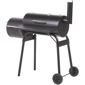 Holzkohlegrill mit Räucherkammer Schwarz Smoker auf Rädern mit Thermometer Deckel Garten BBQ