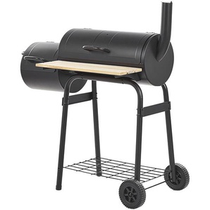 Holzkohlegrill Schwarz aus Stahl mit Räucherkammer Smoker auf Rädern Tonnengrill Rollbar BBQ Garten Outdoor Ausstattung