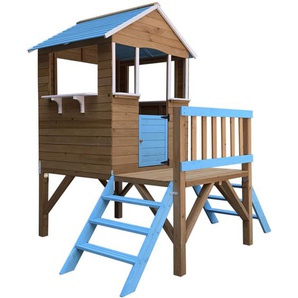 Holzspielhaus Robincool Blue Melody 3,23 m² 198x170x197 cm mit 2 Etagen, Giebeldach, Geländer, Veranda und Treppe