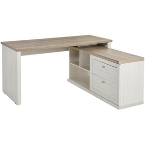 Hom`in Eckschreibtisch, Grau, Weiß, Holzwerkstoff, 2 Schubladen, rechteckig, Wange, Sockel, 145.3x76x160 cm, Stauraum, seitenverkehrt montierbar,