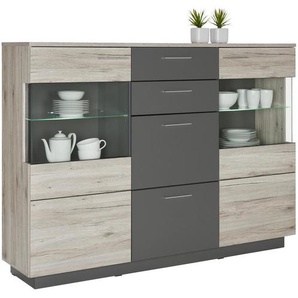 Hom`in Highboard , Grau, Eiche , Kunststoff , 7 Fächer , 2 Schubladen , 179.8x131x41.3 cm , Typenauswahl , Wohnzimmer, Kommoden & Sideboards, Highboards