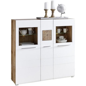Hom`in Highboard , Weiß, Eiche , Holz, Glas , 9 Fächer , 140x135x37 cm , Typenauswahl, Beimöbel erhältlich , Wohnzimmer, Kommoden & Sideboards, Highboards