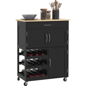 HOMCOM Küchenwagen mit Flaschenhalter, 3 Türen, 4 Rollen und Schublade, platzsparender Küchenschrank für Mikrowelle und Gewürze aus Holz, 67x37x87 cm, Schwarz und Eiche 801-179V80BK