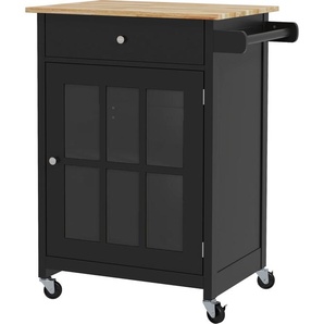 HOMCOM Küchenwagen mit Schublade, verstellbarem Regal, 4 Rollen und seitlichem Handtuchhalter, Mikrowellenwagen aus Holz, Schwarz und Eiche 801-175V80BK