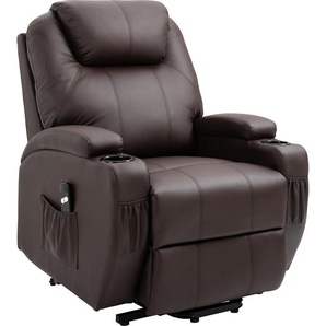 HOMCOM Sessel mit Aufstehhilfe, Neigbarer Relaxsessel, Aufstehsessel mit Becherhalter, Fernsehsessel mit Aufbewahrungstasche, Fernbedienung, Kunstleder Metall, Kaffee-Braun 700-020V90DR