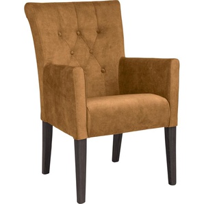 Armlehnstuhl HOME AFFAIRE King Stühle Gr. B/H/T: 60 cm x 92 cm x 65 cm, Beingestell aus Massivholz, Samtvelours, Elegante Knopfheftung im Rückenteil, goldfarben (goldgelb, wenge) Armlehnstühle Esszimmerstuhl mit Knopfheftung
