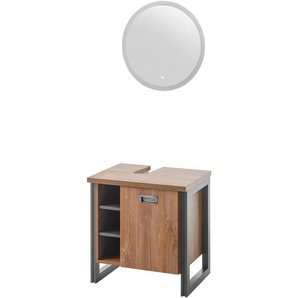Home affaire Badmöbel-Set Detroit, Bad im Industrialdesign, inkl. LED, 2-teiliges Badezimmer, (2-St), Unterschrank mit offenen Fächern & Stauraum, holzfarben, Rundspiegel