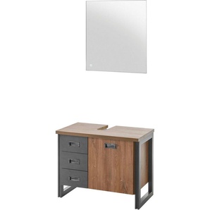 Home affaire Badmöbel-Set Detroit, Bad im Industrialdesign, inkl. LED, 2-teiliges Badezimmer, (2-St), Waschbeckenunterschrank und Spiegel, holzfarben, mit Stauraum