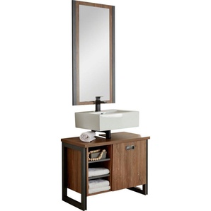 Home affaire Badmöbel-Set Detroit, Bad im Industrialdesign, 2-teiliges Badezimmer, (Set, 2-St), Waschbeckenunterschrank und Spiegel, holzfarben, mit offenen Fächern
