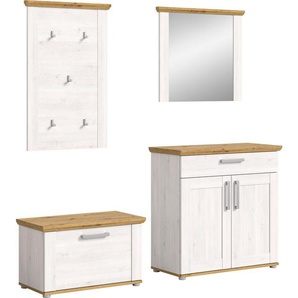 Home affaire Garderoben-Set COSENZA, TOPSELLER!, Breite ca. 190 cm, 4-teilig, in Landhausoptik, (4-St., bestehend aus: Sitzbank, Garderobenpaneel, Schuhschrank, Spiegel), Garderobenkombination, Kombination, Diele, Garderobe, Garderobenmöbel