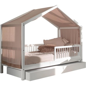 Home affaire Hausbett »Forrest 90/200 aus massiver Buche, weiß mit Rausfallschutz vorne«, inkl. Sprossenumrandung, m. Textilhimmel, mit und ohne Bettschublade