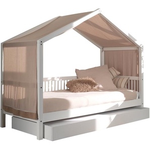 Home affaire Hausbett Forrest mit Dachaufbau, Textilhimmel, später umbaubar zum Einzelbett, 90/200 Buche massiv weiß lackiert, wahlweise mit o. ohne Bettschublade