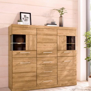Home affaire Highboard Ribe,125cm breit,115cm hoch, Fronten Massivholz,5Türen,3 Schubladen, Holz massiv, Holzwerkstoff, Metall Griffe,10Fächer, Böden versetzbar