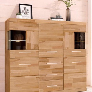 Home affaire Highboard Ribe,125cm breit,115cm hoch, Fronten Massivholz,5Türen,3 Schubladen, Holz massiv, Holzwerkstoff, Metall Griffe,10Fächer, Böden versetzbar