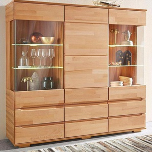 Home affaire Highboard Vetro,150cm breit,40 cm tief,Fronten Massivholz,9 Fächer, Kernbuche massiv, Holzwerkstoff, 3Türen,6 Schubladen, Griffmulden