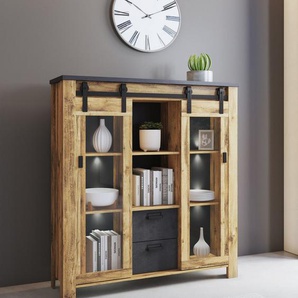 Home affaire Highboard York, moderner Hochschrank, Vitrine in Hunton Oak Dekor, mit Scheunentorbeschlägen und Apothekergriffen, Industrialdesign