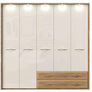 Home affaire Kleiderschrank Gala, beige hochglänzend UV lackiert, kratzfest, FSC-zertifiziert (abgerundete Schubladen aus MDF im Holzdekor, soft-close) mit Beleuchtung und Passpartourahmen, hoher Schrank (224cm), 3 Breiten