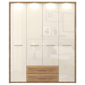 Home affaire Kleiderschrank Gala, beige hochglänzend UV lackiert, kratzfest, FSC-zertifiziert (abgerundete Schubladen aus MDF im Holzdekor, soft-close) mit Beleuchtung und Passpartourahmen, hoher Schrank (224cm), 4 Breiten